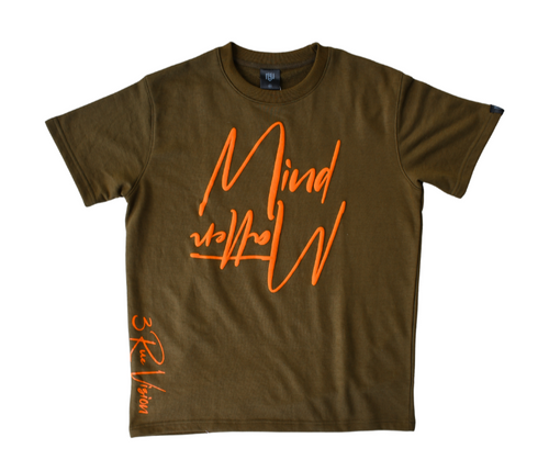 Green t-shirt with orange text on a white background