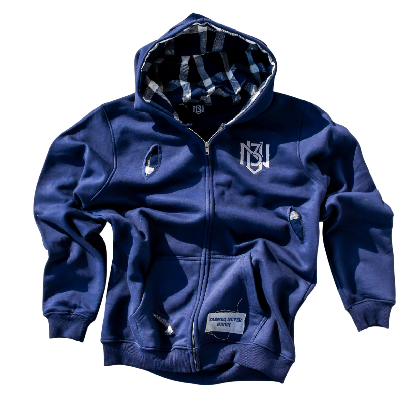 Blue hoodie with plaid lining on a white background