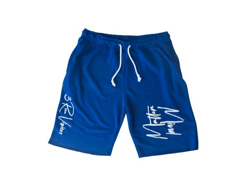 Blue shorts with white drawstring and branding on a white background