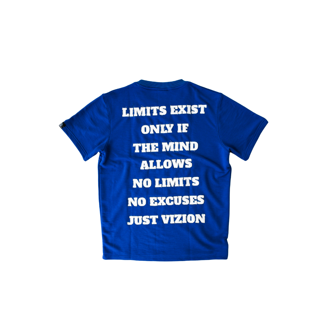 Blue t-shirt with white text on a white background