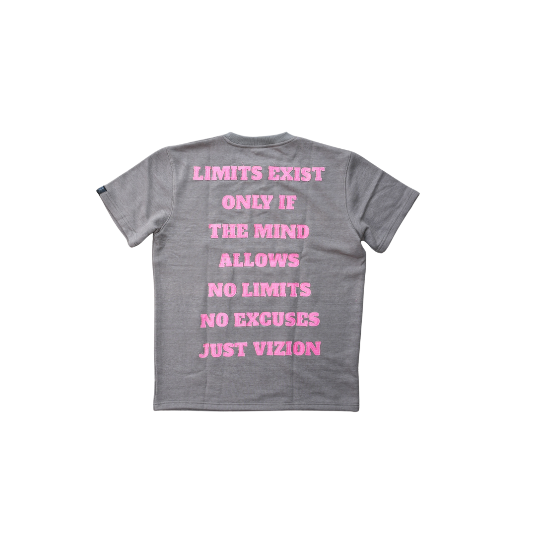 Gray t-shirt with pink motivational text on a white background