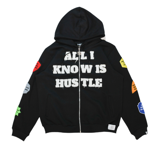 Black hoodie with 'All I Know is Hustle' text on a white background