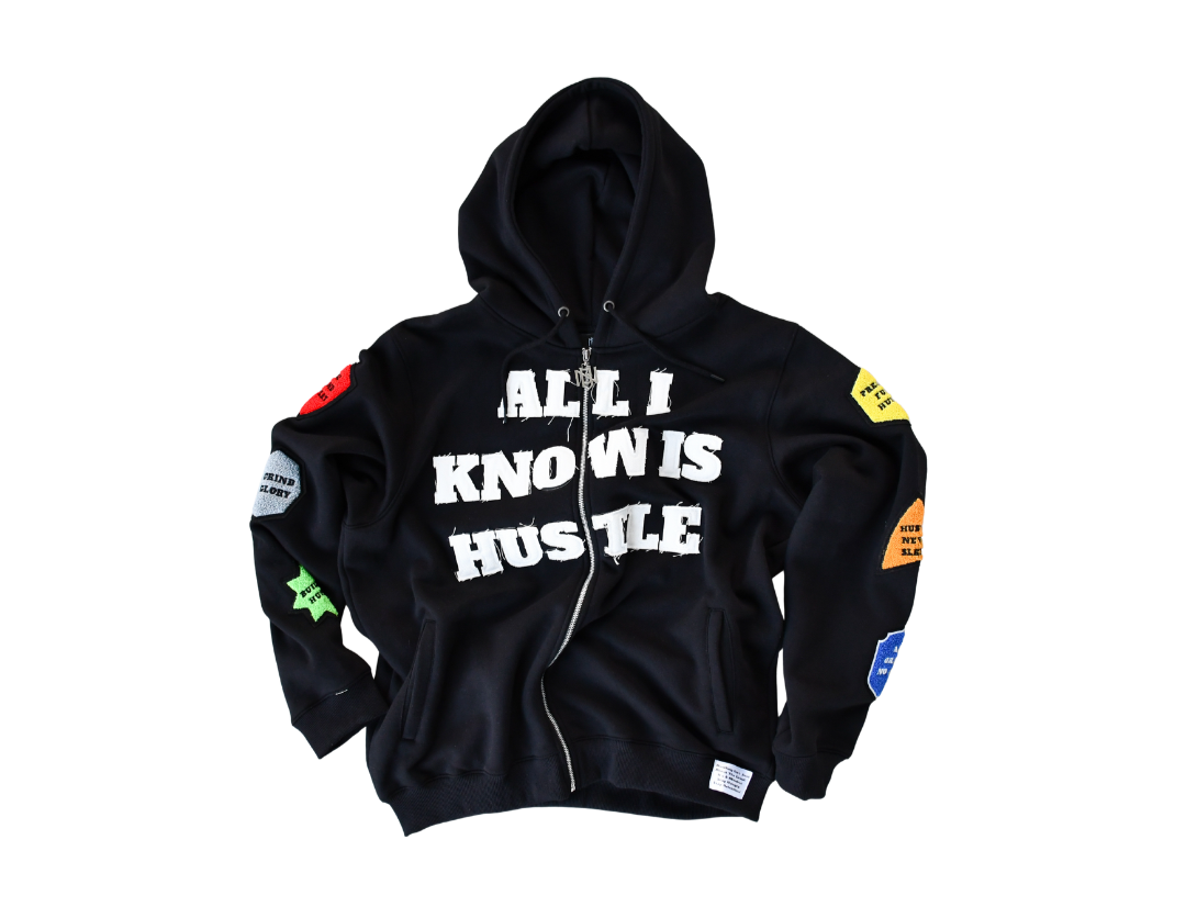 Black hoodie with text 'All I Know is Hustle' on a white background