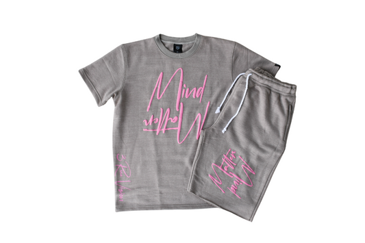 Gray t-shirt and shorts set with pink text on a white background