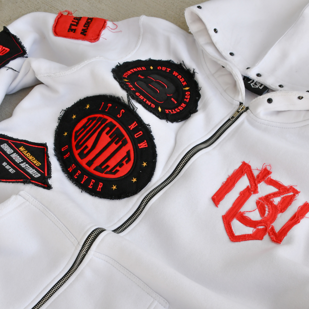 Distressed Patch Zip-Up Hoodie (White) 3rue Vizion