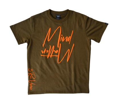 Green t-shirt with orange text on a white background