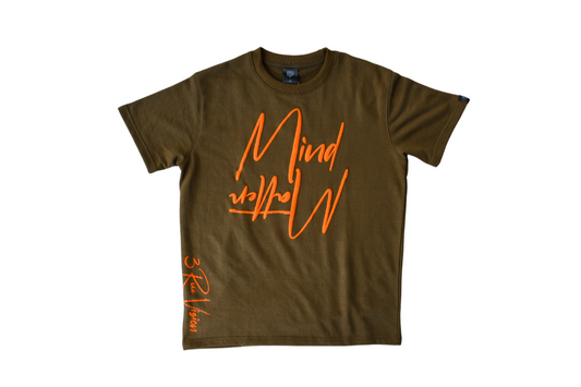 Green t-shirt with orange text on a white background