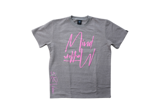 Gray t-shirt with pink text on a white background