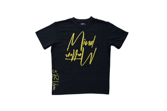 Black t-shirt with yellow text on a white background