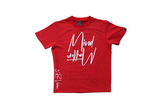 Red t-shirt with white text on a white background