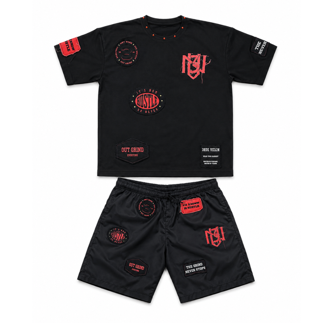 Distressed Patch T-Shirt + Nylon Shorts Set 3rue Vizion
