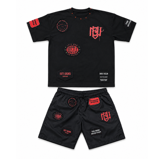 Distressed Patch T-Shirt + Nylon Shorts Set 3rue Vizion