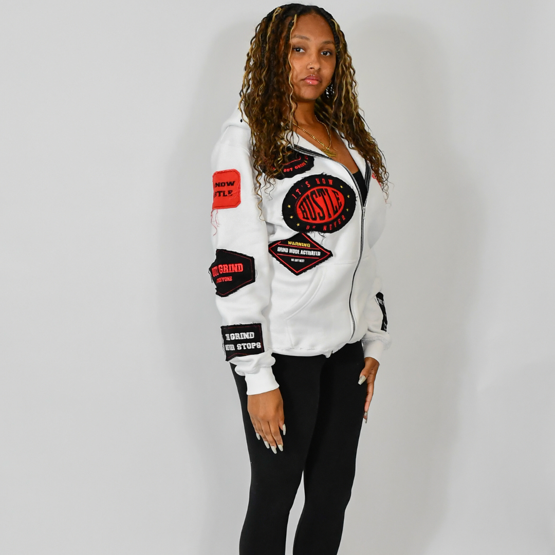 Distressed Patch Zip-Up Hoodie (White) 3rue Vizion