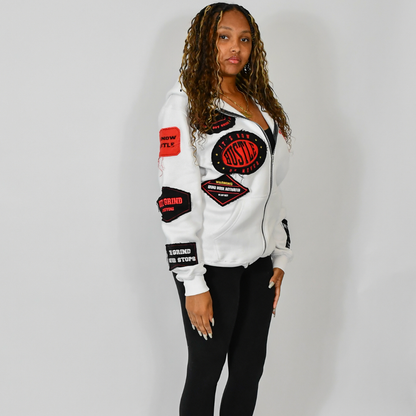 Distressed Patch Zip-Up Hoodie (White) 3rue Vizion