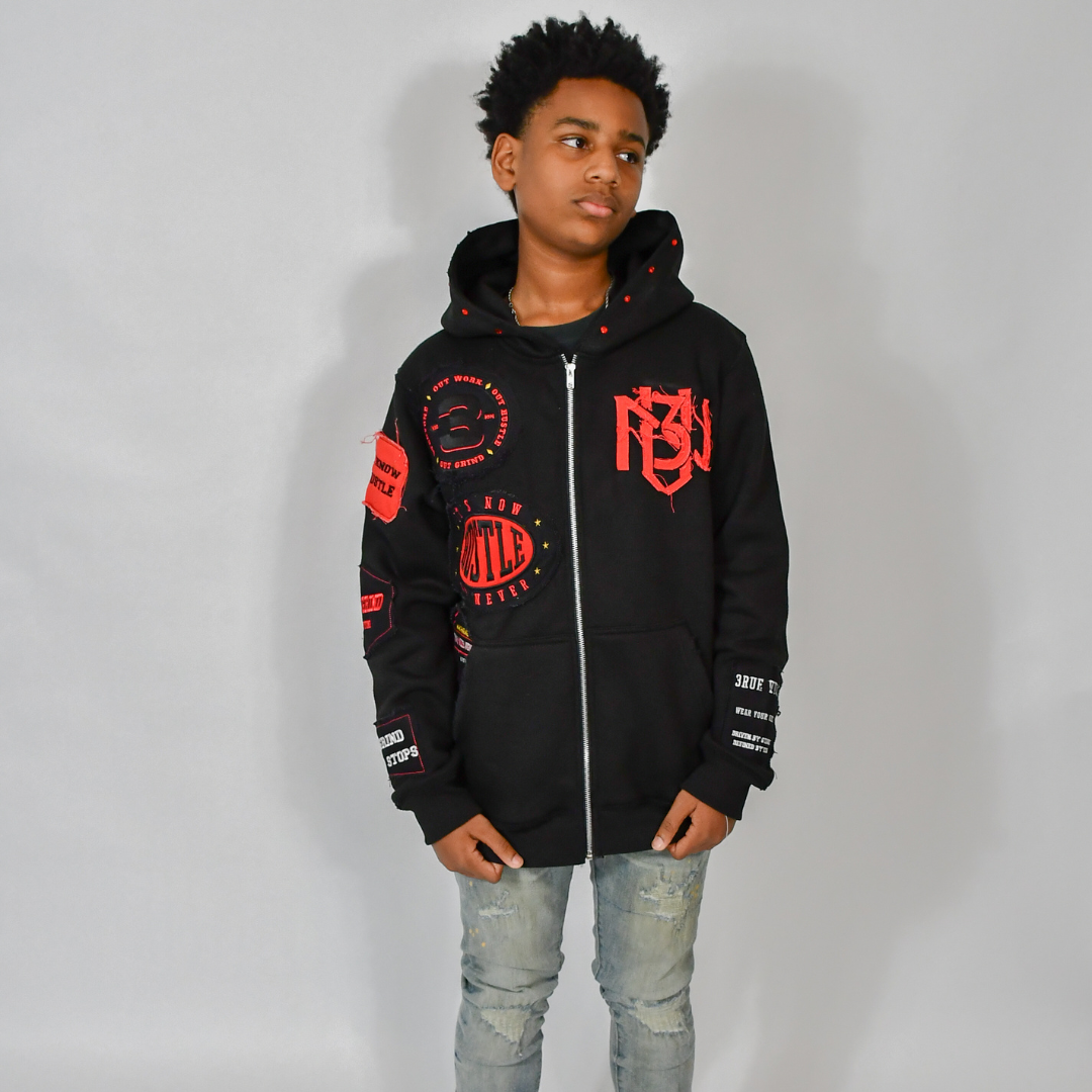 Distressed Patch Zip-Up Hoodie (Black) 3rue Vizion