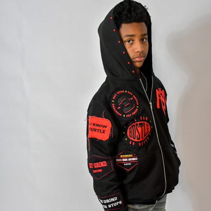 Distressed Patch Zip-Up Hoodie (Black) 3rue Vizion