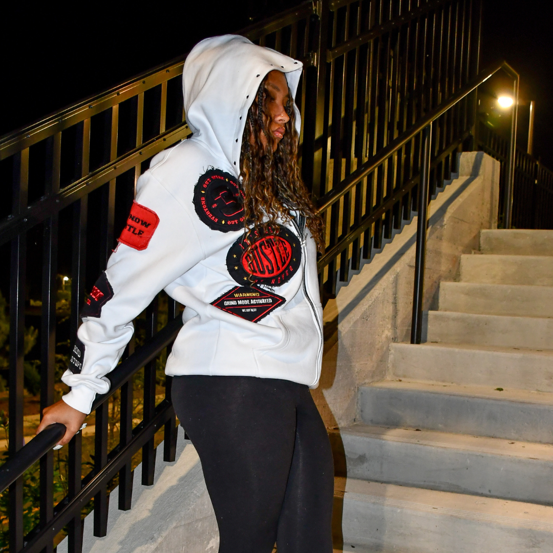 Distressed Patch Zip-Up Hoodie (White) 3rue Vizion