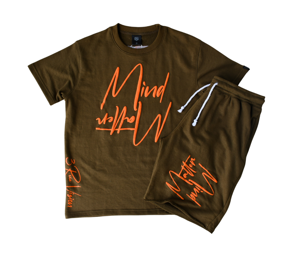 Brown t-shirt and shorts set with orange text on a white background