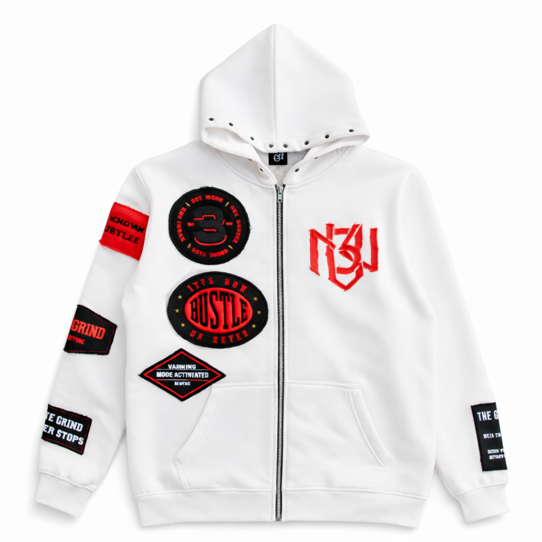 Distressed Patch Zip-Up Hoodie (White) 3rue Vizion