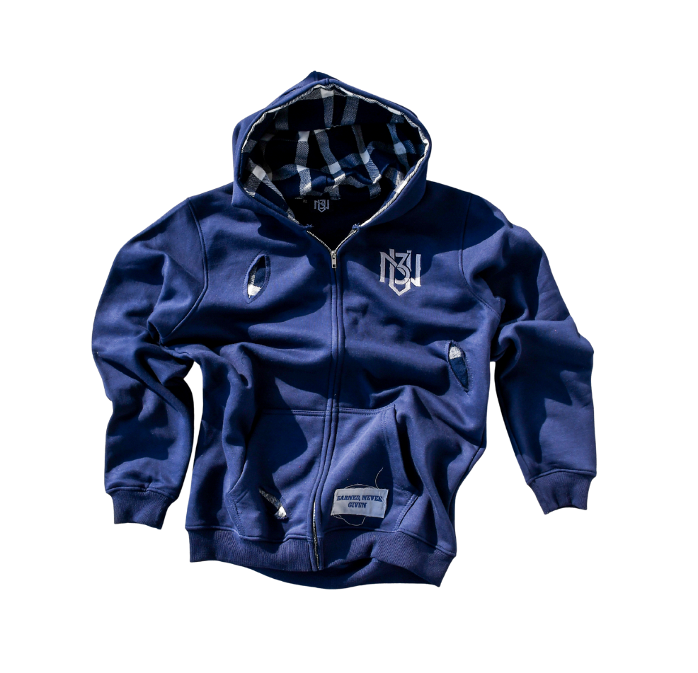 Blue hoodie with plaid lining on a white background