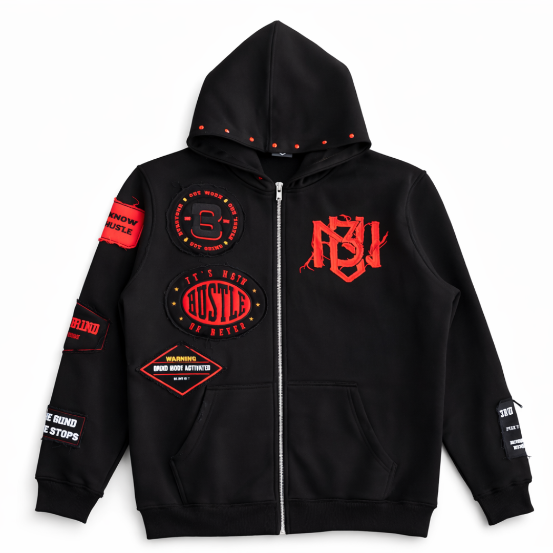 Distressed Patch Zip-Up Hoodie (Black) 3rue Vizion