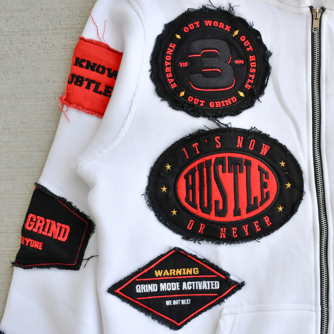 Distressed Patch Zip-Up Hoodie (White) 3rue Vizion