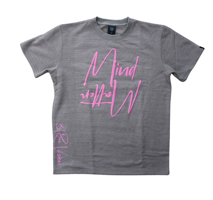 Gray t-shirt with pink text on a white background