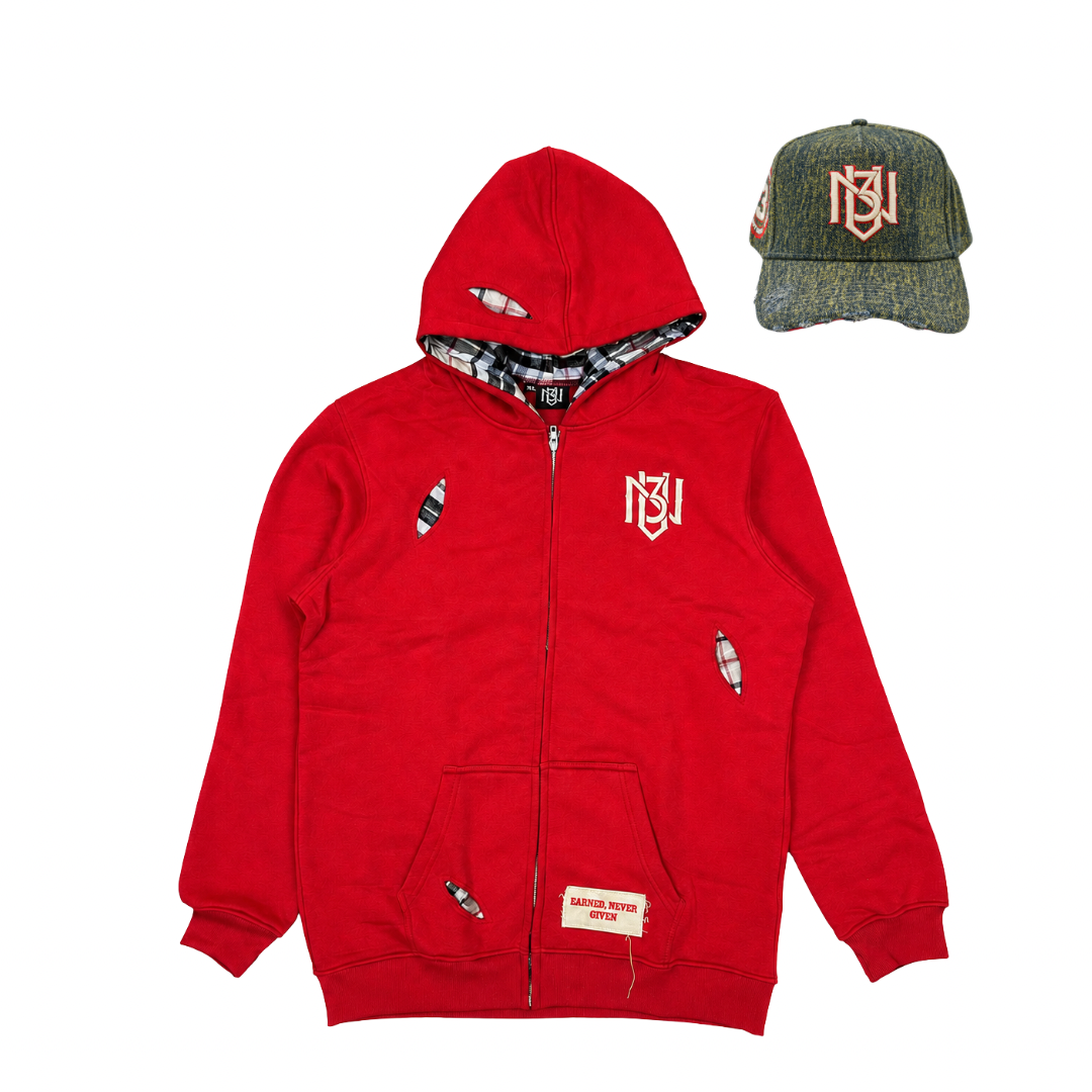 Red & Cream Out Work Hoodie + Dark Denim Snapback Combo 3rue Vizion