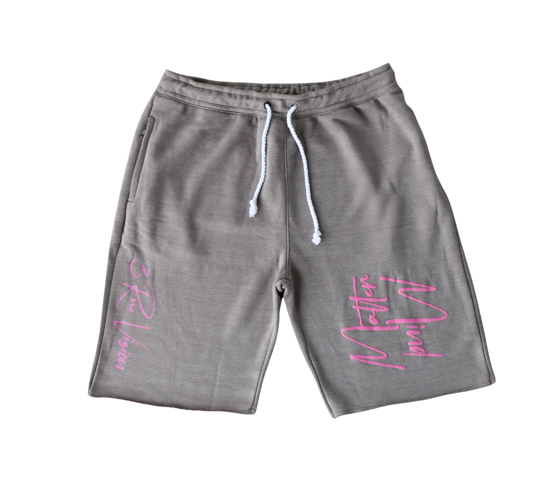 Gray shorts with pink text on a white background