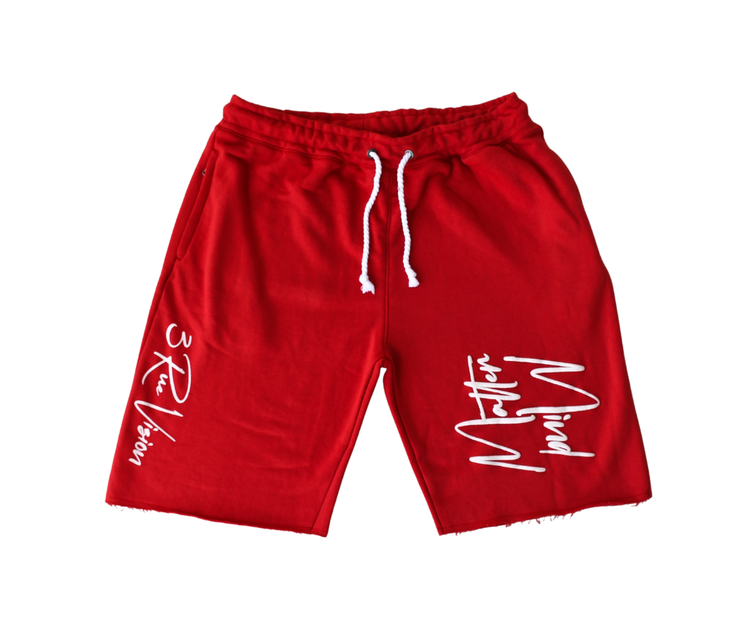 Red shorts with white text on a white background