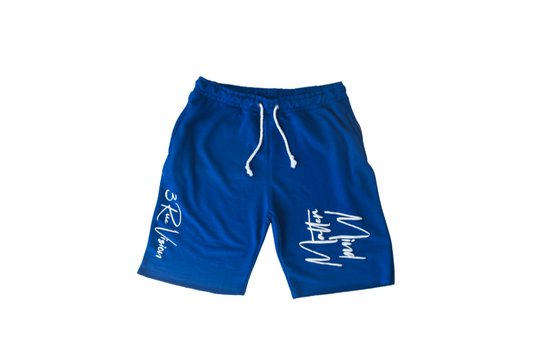 Blue shorts with white drawstring and branding on a white background