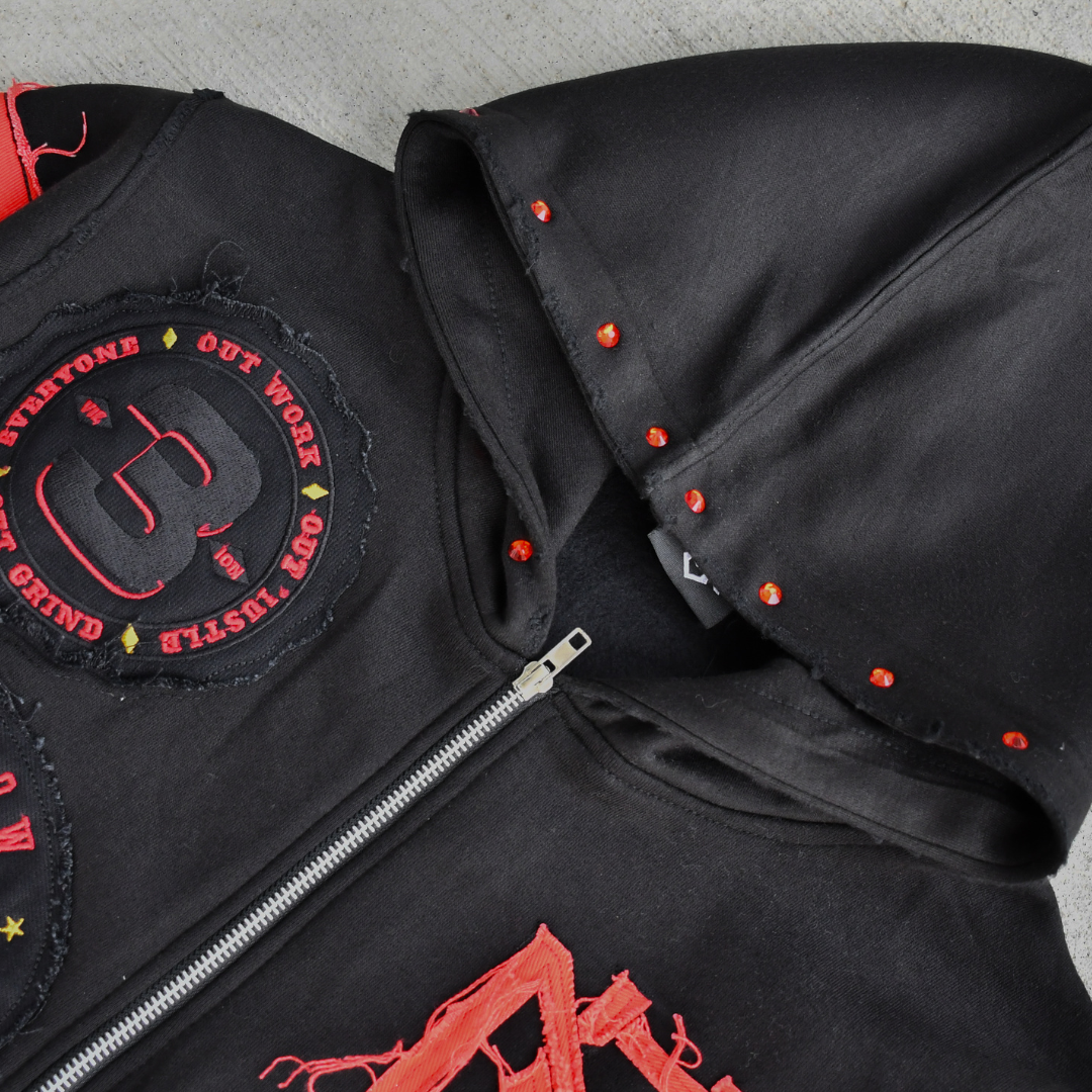 Distressed Patch Zip-Up Hoodie (Black) 3rue Vizion