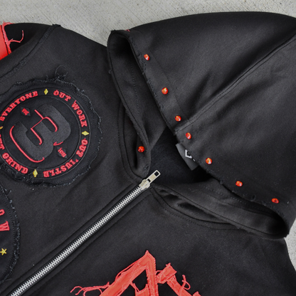 Distressed Patch Zip-Up Hoodie (Black) 3rue Vizion