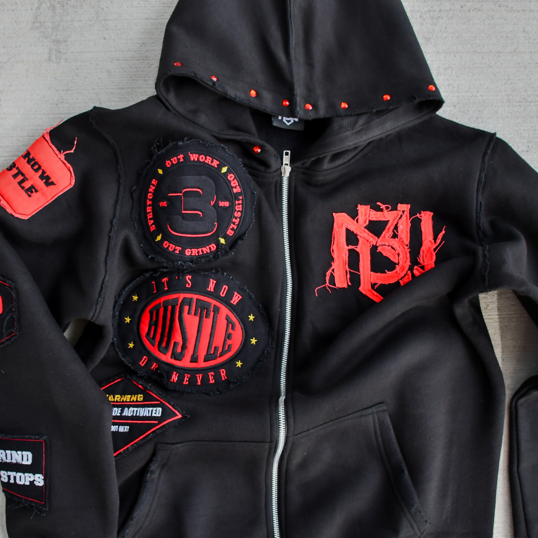 Distressed Patch Zip-Up Hoodie (Black) 3rue Vizion