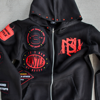 Distressed Patch Zip-Up Hoodie (Black) 3rue Vizion