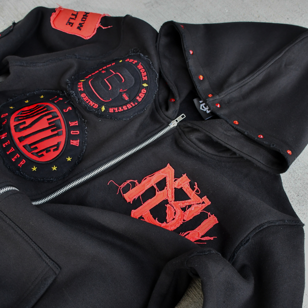 Distressed Patch Zip-Up Hoodie (Black) 3rue Vizion