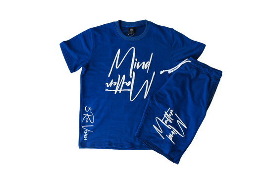 Blue t-shirt and shorts set with white text on a white background