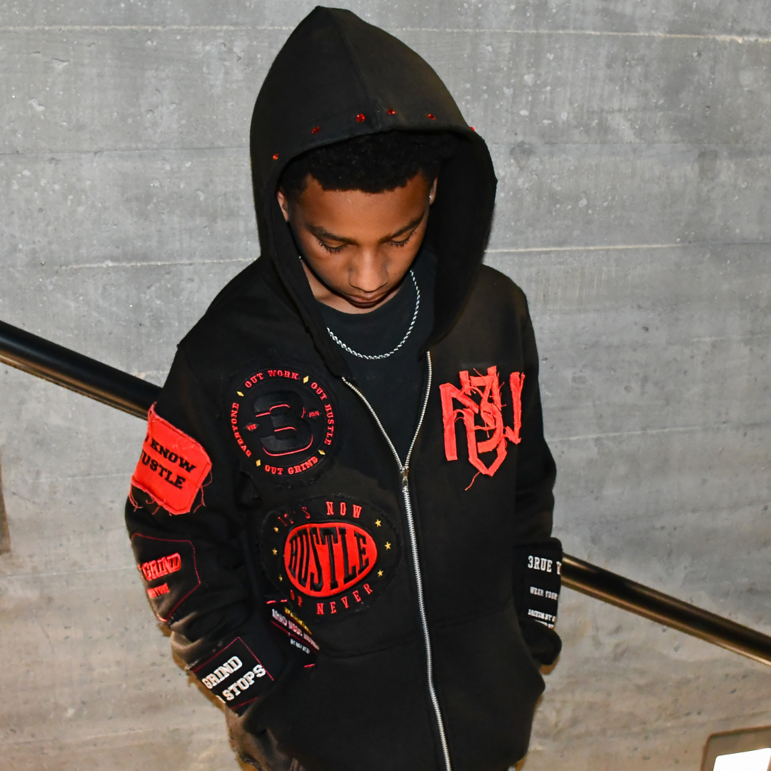 Distressed Patch Zip-Up Hoodie (Black) 3rue Vizion