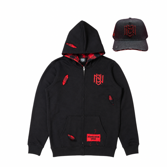 Black/Red Out Work Hoodie + Blackout Denim Snapback Combo 3rue Vizion
