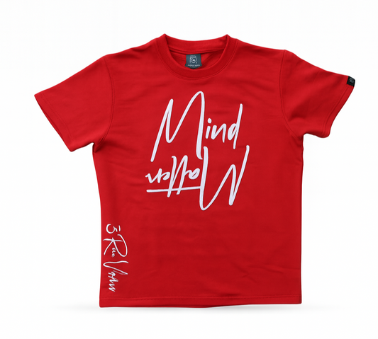 Red t-shirt with white text on a white background