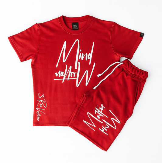 Red t-shirt and shorts set with white text on a white background