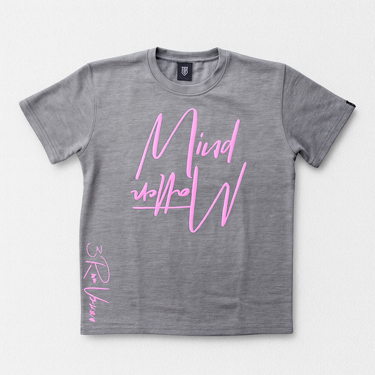Gray t-shirt with pink text on a white background