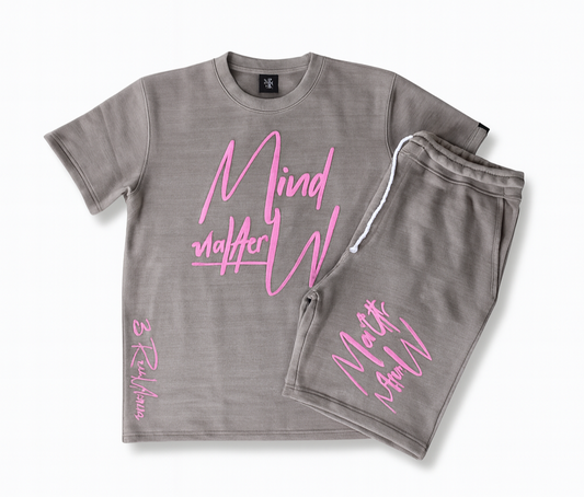 Gray t-shirt and pants set with pink text on a white background