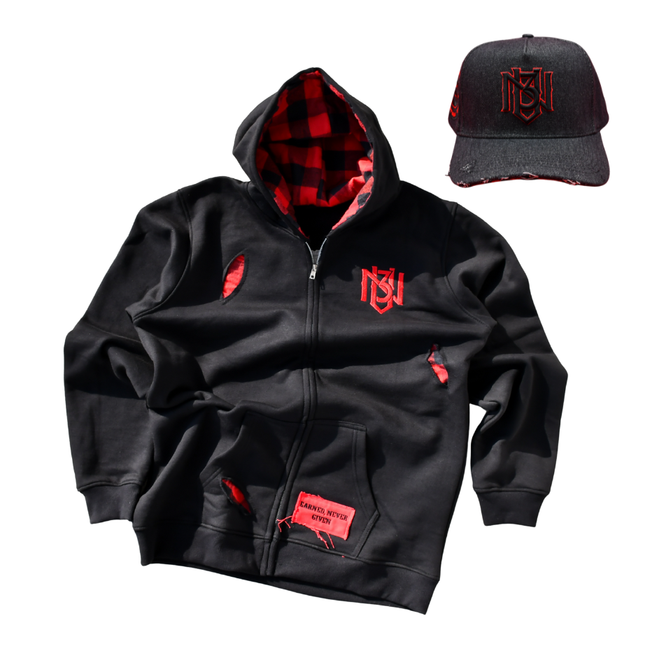 Black/Red Out Work Hoodie + Blackout Denim Snapback Bundle 3rue Vizion