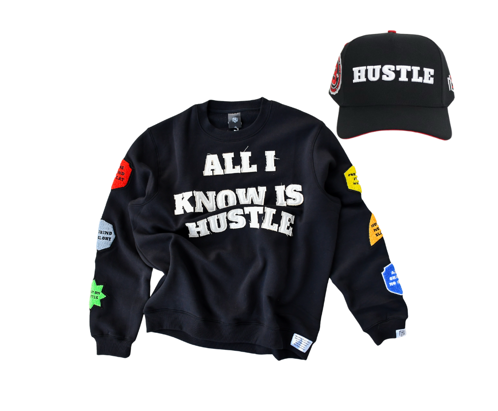 Black sweatshirt with 'All I Know is Hustle' text and matching cap on a white background