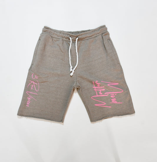 Mind Over Matter Distressed Shorts – Grey/Pink