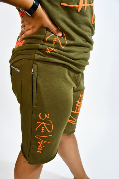 Mind Over Matter Distressed Shorts – Green/Orange