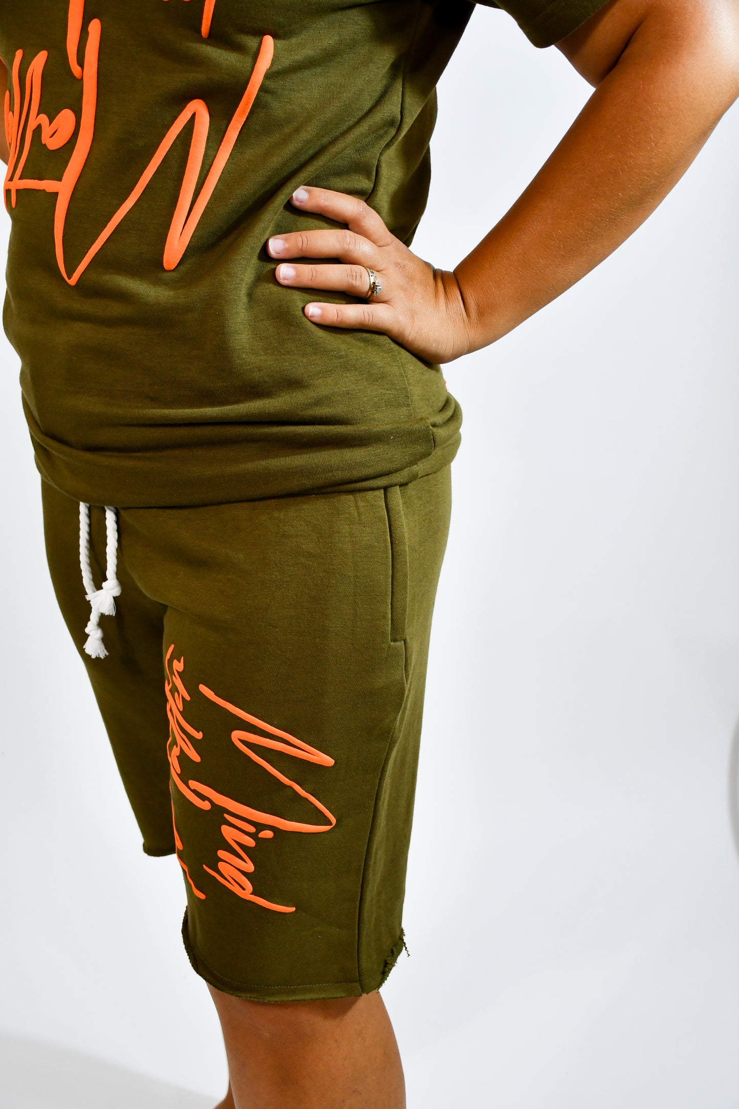 Mind Over Matter Distressed Shorts – Green/Orange