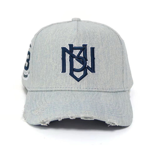 Distressed Denim Snapback – Grey/Navy | 3RUE VIZION 3rue Vizion