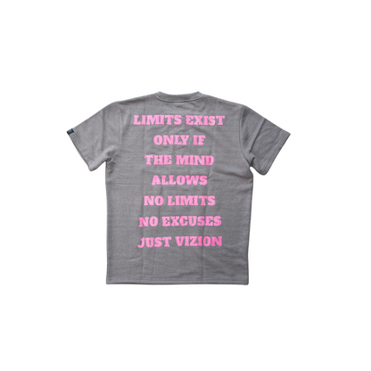 Gray t-shirt with pink motivational text on a white background